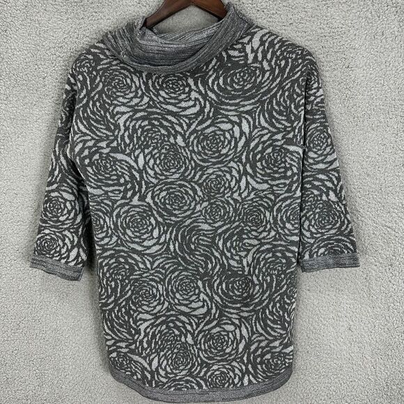 Chicos Sweater Womens Small Gray Floral Rose Metallic Cowl Neck Dark Feminine - Picture 2 of 7